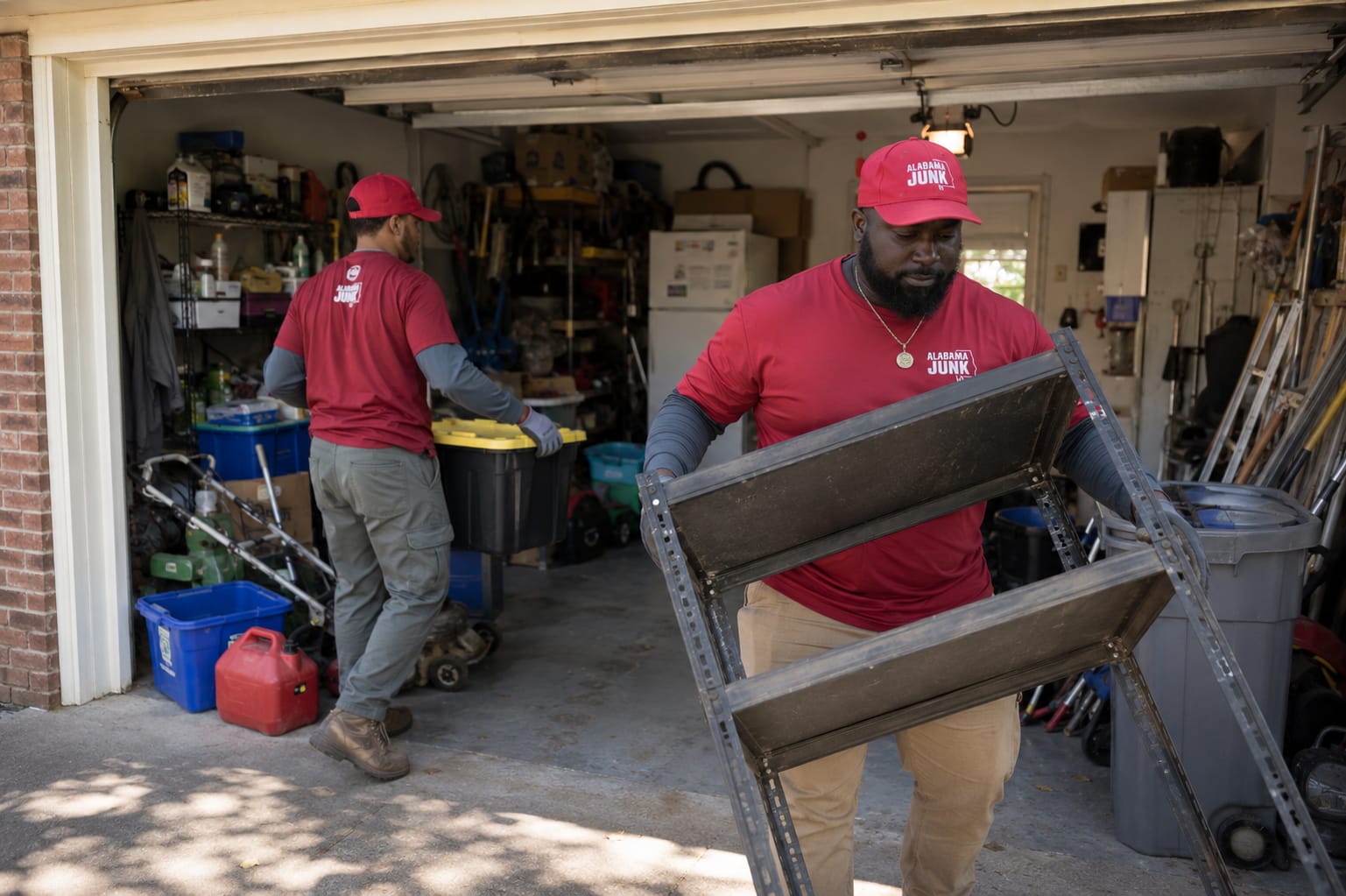 An Alabama Junk Removal crew member carrying a metal shelf out of a Birmingham garage