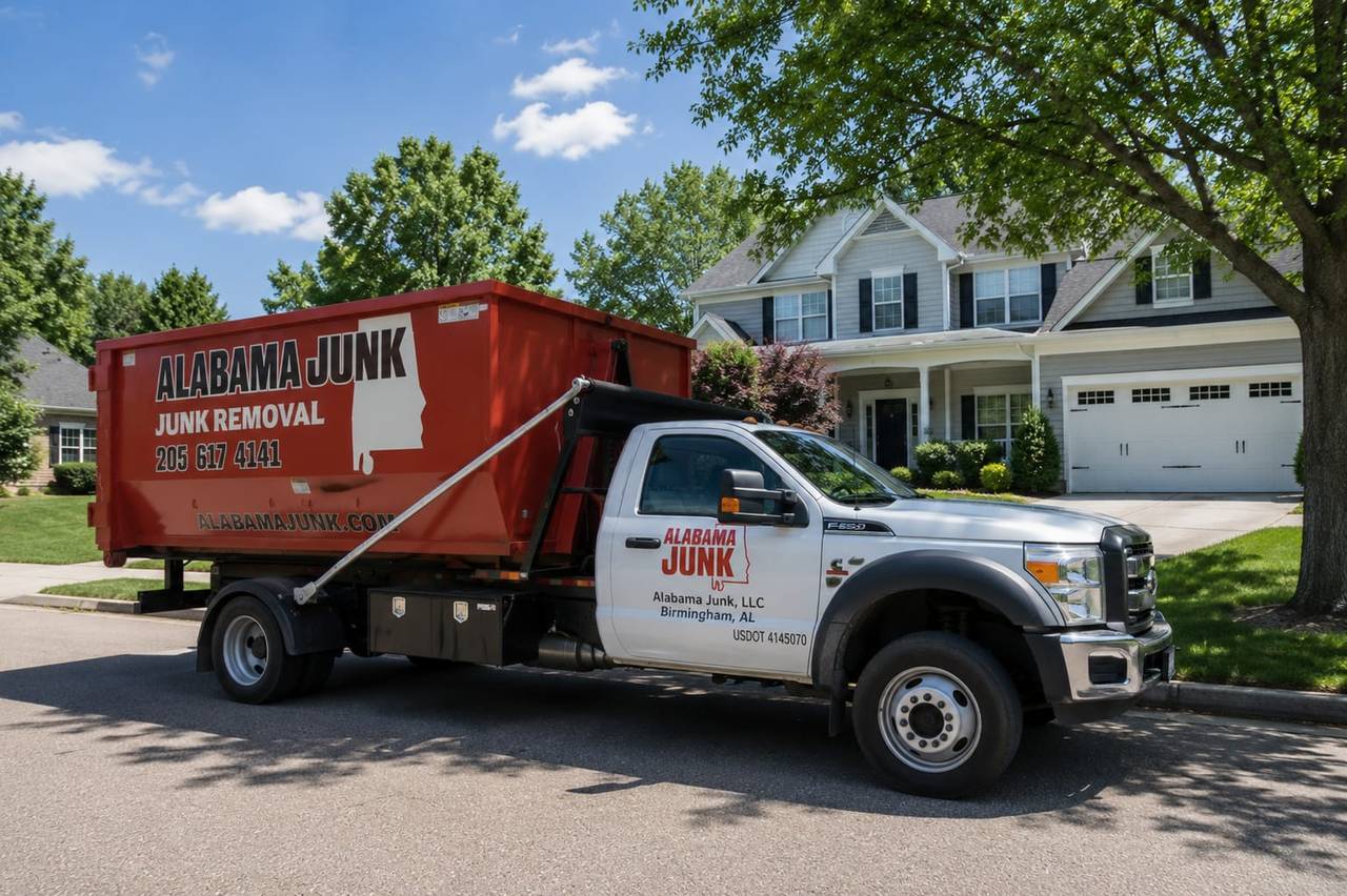 Alabama Junk truck with the red container parked in front of a house