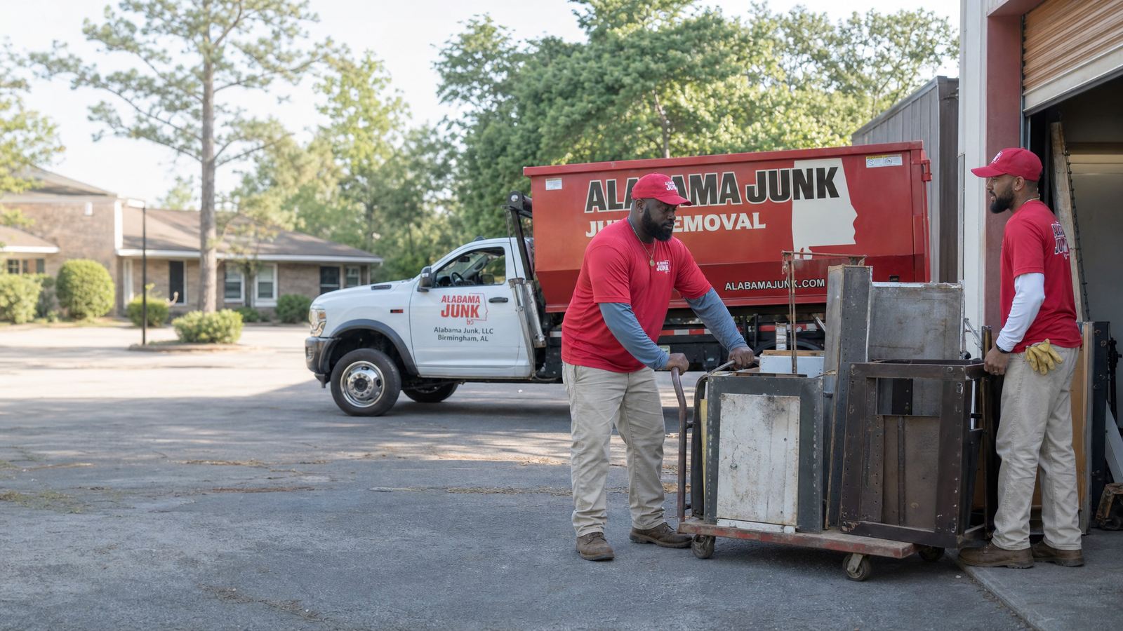 Alabama Junk crew moving old equipment on a cart to the truck