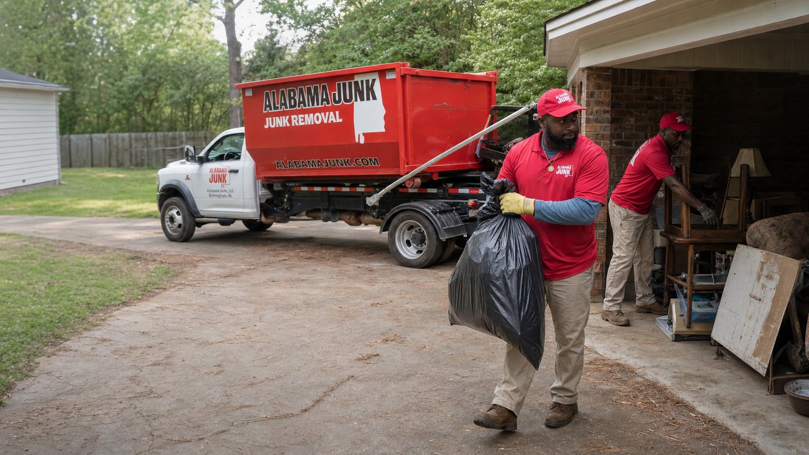 Alabama Junk crew hauling bags out of a packed garage