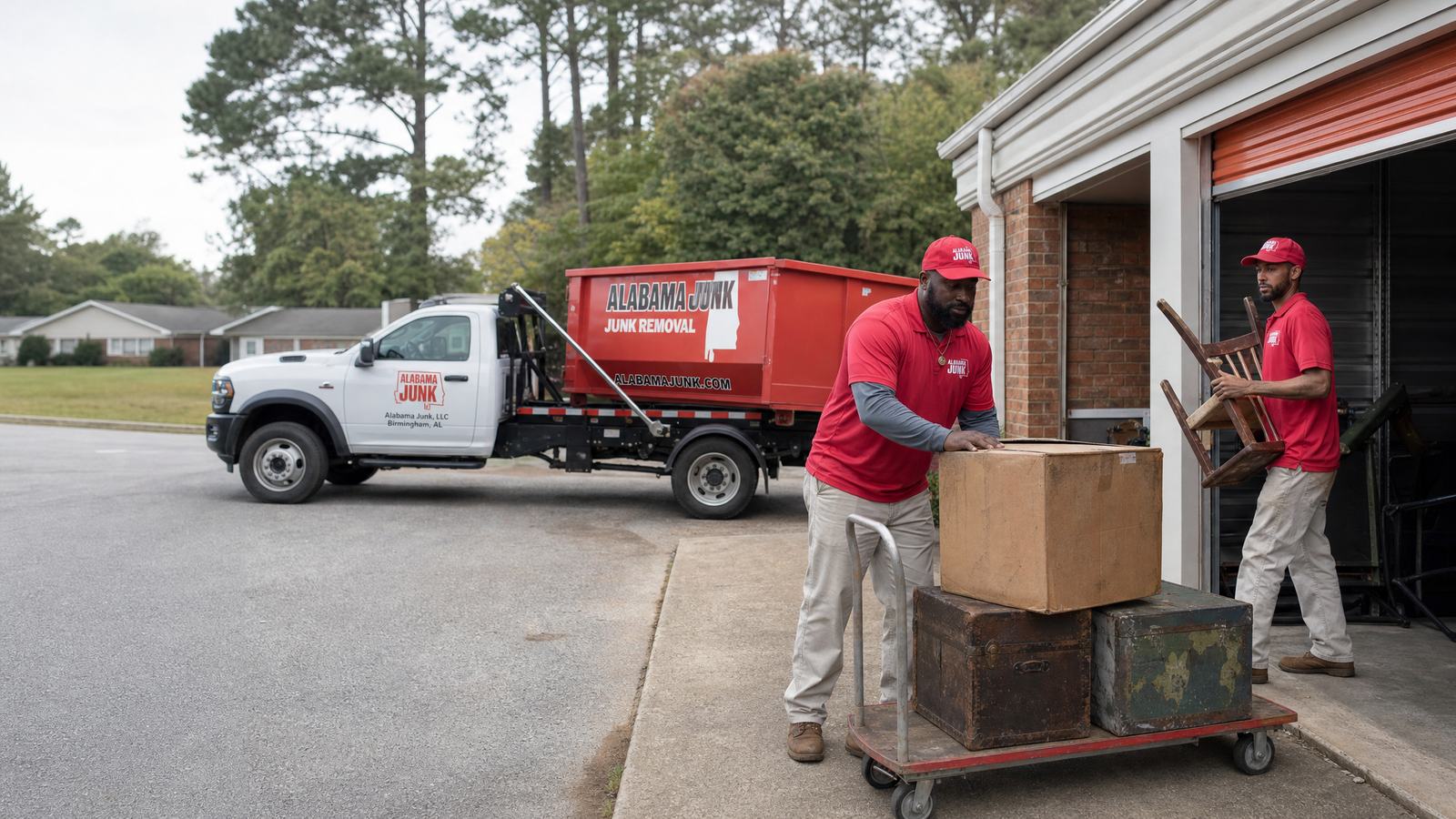 Alabama Junk crew clearing a storage unit with a hand truck