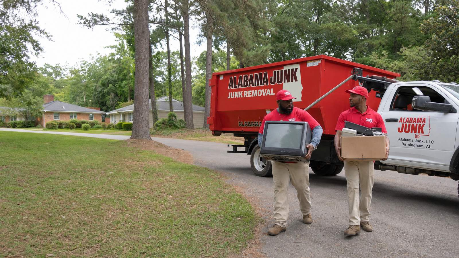 Alabama Junk crew carrying an old TV and electronics to the truck